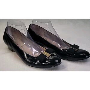Salvatore Ferragamo Vara Pumps Black Leather Bow Block Heel Sz 9.5B VTG